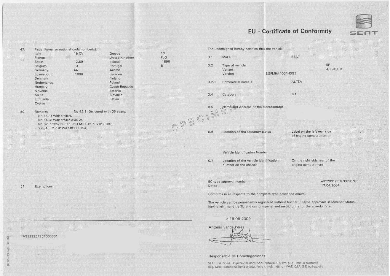 Certificat de conformité Seat