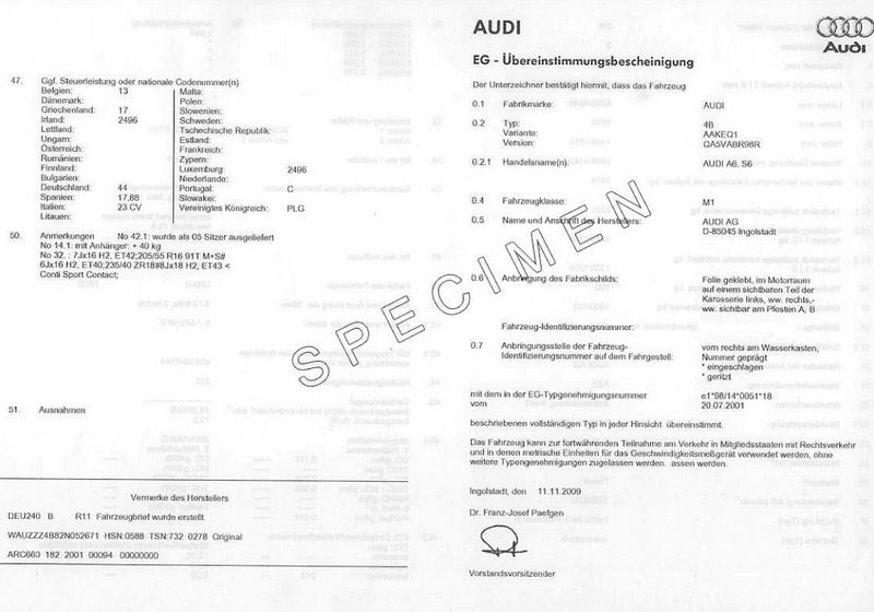 Certificat de Conformité Audi 