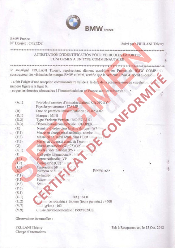 Certificat de Conformité BMW : Service Homologation Bmw