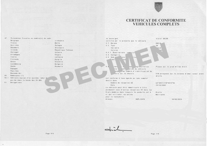 Certificat de Conformité  Dacia