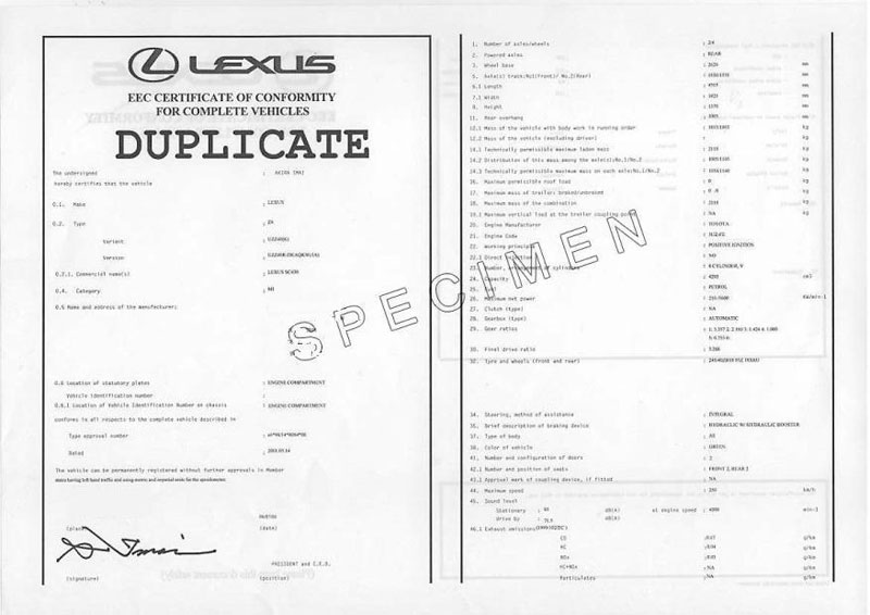 Certificat de Conformité Lexus 