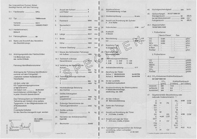 Certificat de conformité Opel