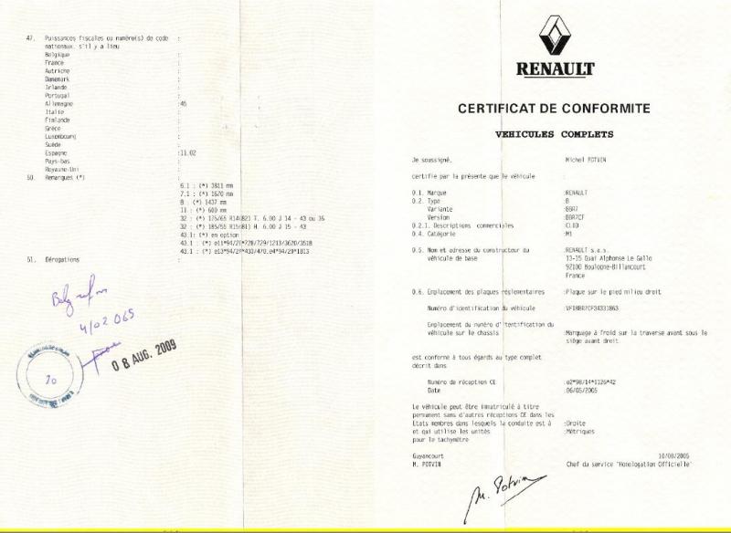 Certificat de Conformité Renault 