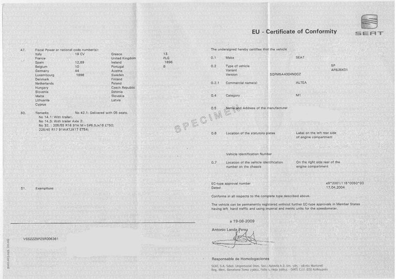 Certificat de conformité seat