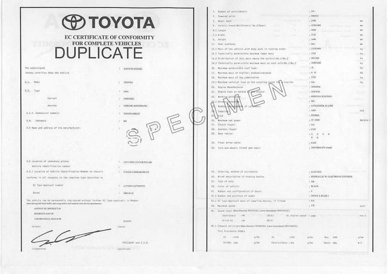 Certificat de conformité Toyota