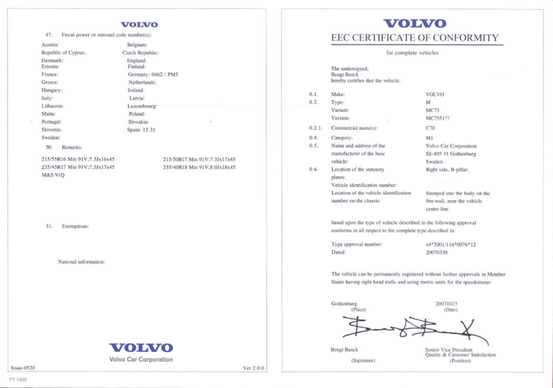 Certificat de Conformité Volvo - COC Volvo 